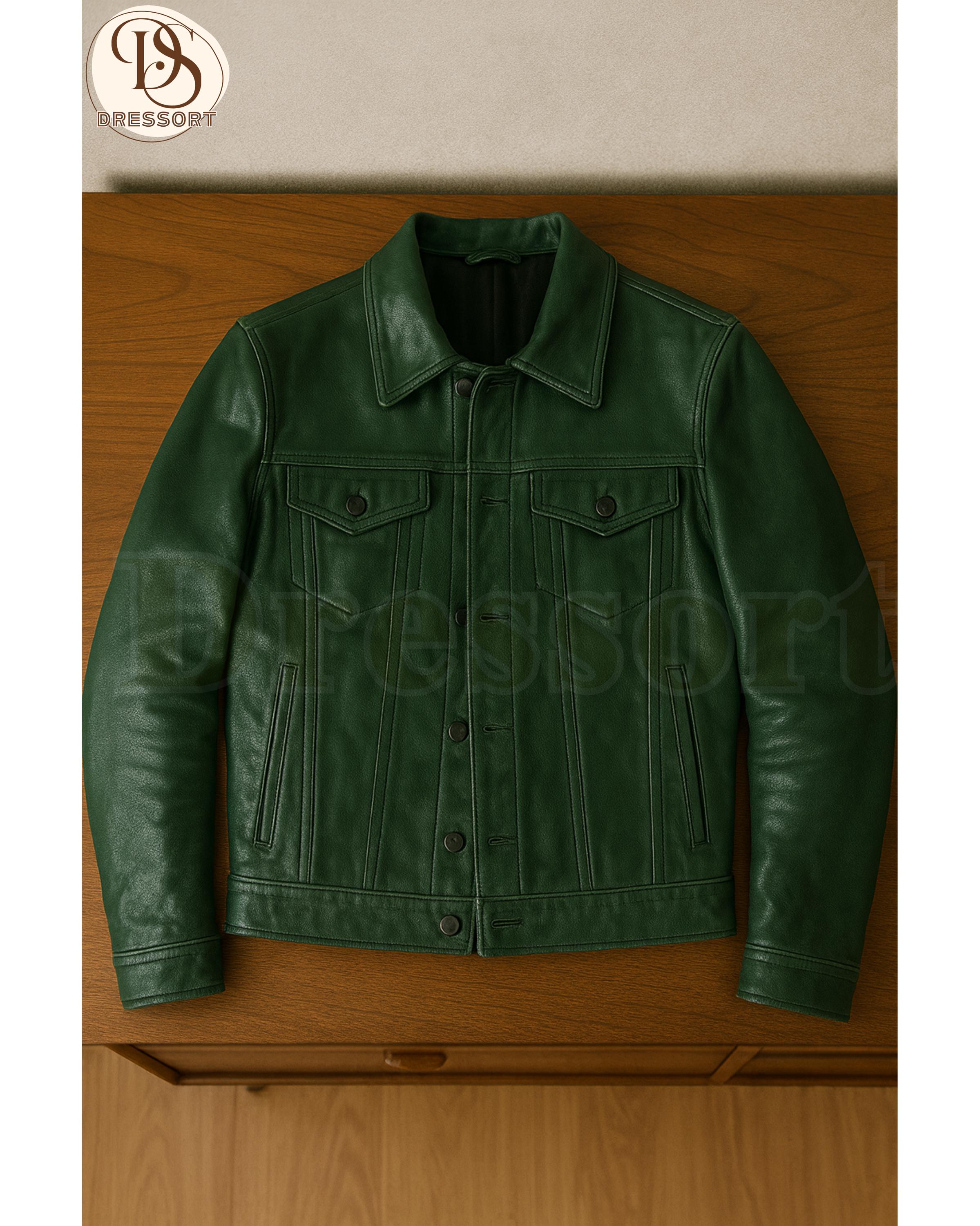 Handmade Green Sheepskin Leather Trucker Jacket, Vintage Biker