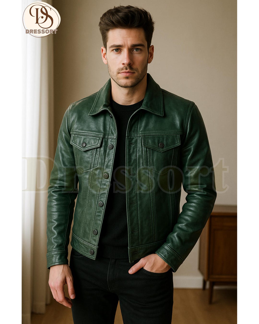 Handmade Green Sheepskin Leather Trucker Jacket, Vintage Biker