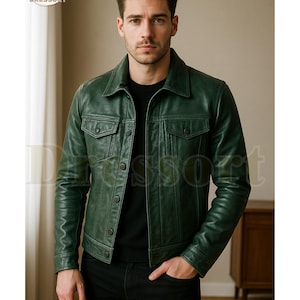 Men’s Green Leather Jacket, Handmade Real soft Sheepskin Vintage Retro Trucker Biker Leather Jacket Coat, Genuine Leather Jacket Winter Gift