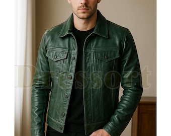 Handmade Green Sheepskin Leather Trucker Jacket, Vintage Biker Coat