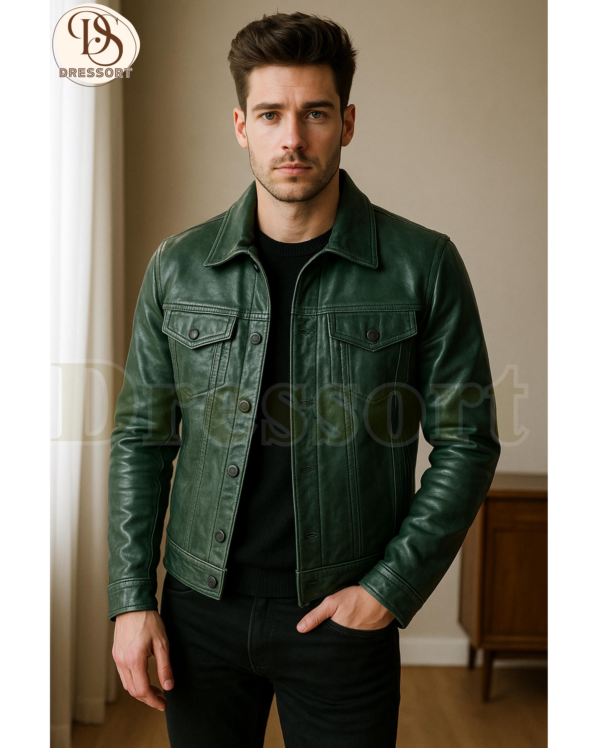 Handmade Green Sheepskin Leather Trucker Jacket, Vintage Biker