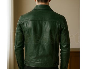 Handmade Green Sheepskin Leather Trucker Jacket, Vintage Biker