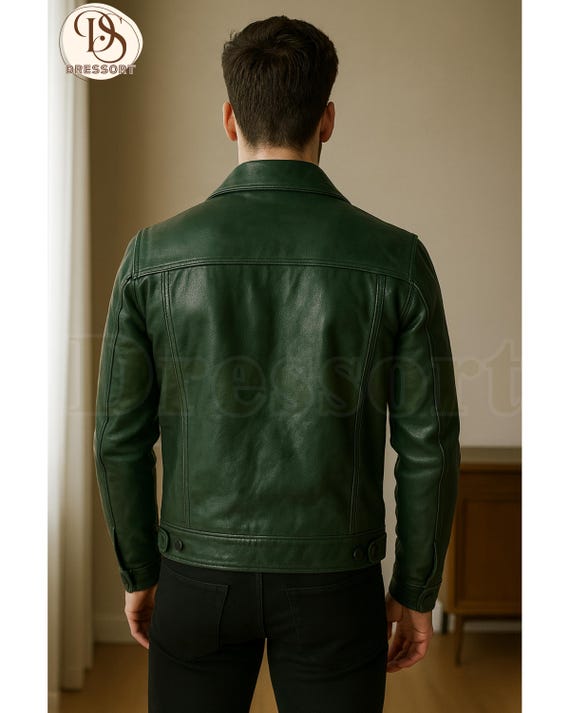 Handmade Green Sheepskin Leather Trucker Jacket, Vintage Biker