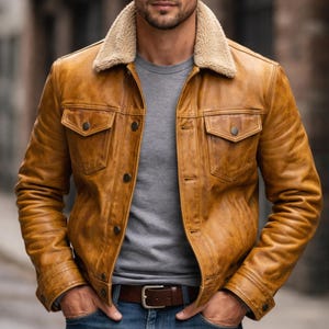 May include: A tan leather jacket with a shearling collar, two chest pockets, and button closures. The jacket is worn over a gray t-shirt and blue jeans. A brown leather belt is visible. The jacket is from Dressort.