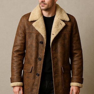 May include: A brown leather coat with a beige shearling collar and lining. The coat has a button-up front, two front pockets, and shearling cuffs. The DRESSORT logo is in the upper left corner. This coat is suitable for cold weather.