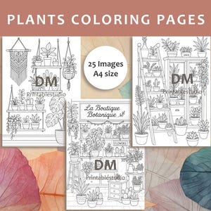 Puede incluir: Páginas para colorear con ilustraciones en blanco y negro de plantas en macetas y escenas botánicas. Las páginas incluyen el texto "PLANTS COLORING PAGES", "25 Images A4 size" y "La Boutique Botanique".