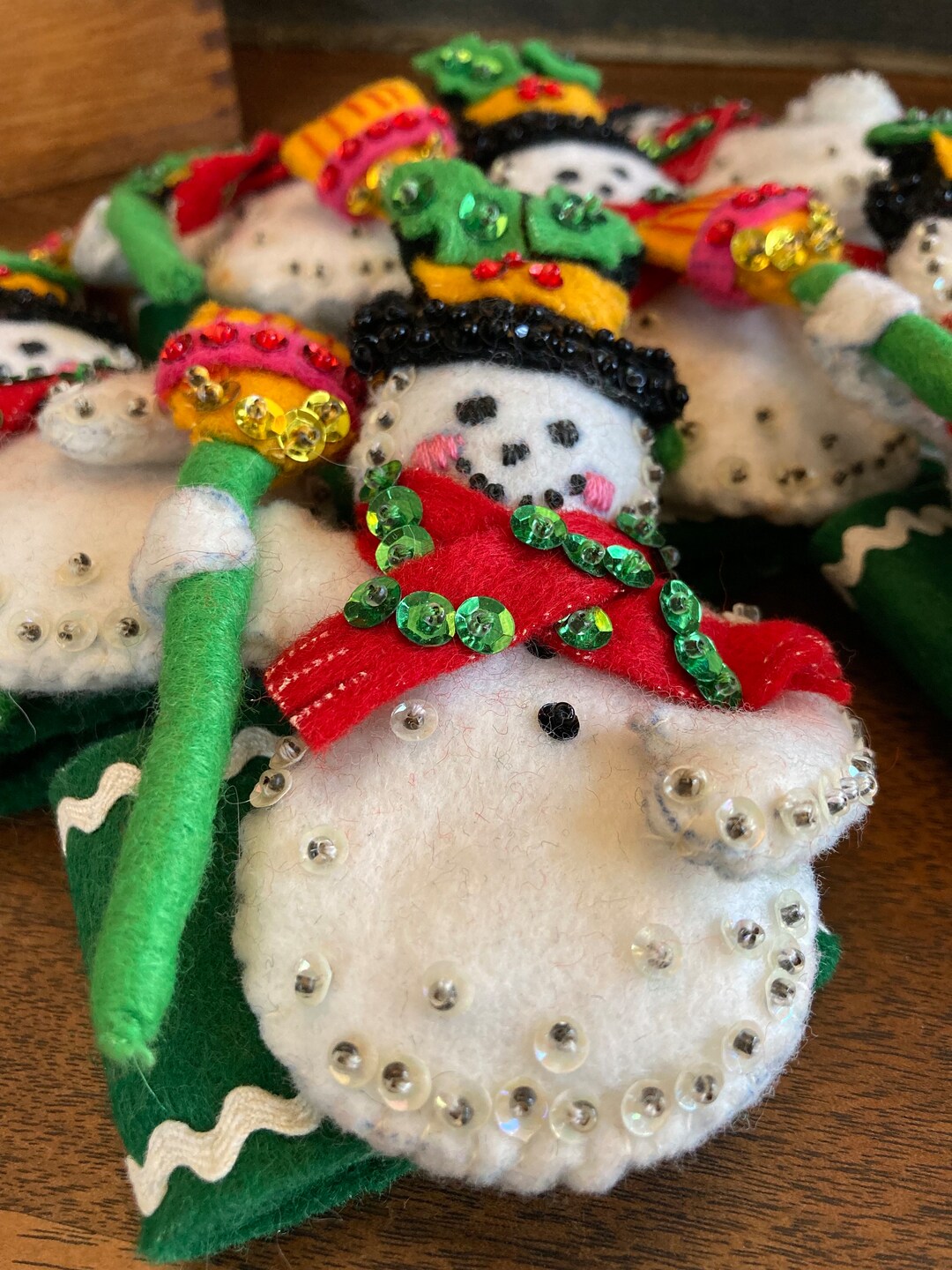 Vintage Bucilla Sequin Set of Six Snowmen Winter Napkin Rings Handmade