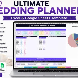 Peut inclure: Un ordinateur portable affiche un modèle de planificateur de mariage avec le texte "ULTIMATE WEDDING PLANNER" en violet. Comprend des fonctionnalités de budget, de liste d'invités, de RSVP, de fournisseurs, de plan de table, de chronologie et de lune de miel. Inclut des modèles Excel et Google Sheets.