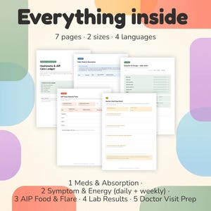 Puede incluir: Un conjunto de documentos en papel blanco con texto, incluyendo "Hashimoto & AIP Care Ledger" y "Doctor Visit Prep Sheet". La imagen también incluye el texto "Everything inside", "7 páginas, 2 tamaños, 4 idiomas" y una lista de temas.