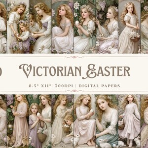 Peut inclure: Ensemble de papiers numériques "Victorian Easter" avec 20 images de femmes et d'enfants en robes vintage avec des œufs de Pâques et des lapins. Le texte sur l'image indique "8.5" X 11" 300DPI | DIGITAL PAPERS."