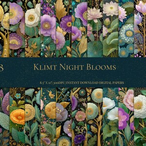 Peut inclure: Ensemble de papiers numériques avec des motifs floraux jaunes, violets et turquoise. Le texte "Klimt Night Blooms" est affiché sur une bannière bleu foncé, avec le nombre "28". Les papiers mesurent 21,6 x 27,9 cm.