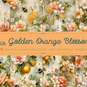 Peut inclure: Un ensemble de papiers numériques avec huit motifs floraux et botaniques. Les motifs comprennent des fleurs d'oranger, des oranges, des abeilles et des papillons dans un style aquarelle. Le texte indique "8 designs Golden Orange Blossom".