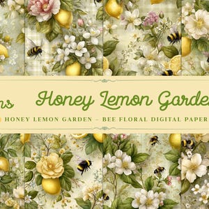 Peut inclure: Pack de papiers numériques avec un motif floral de citrons, de fleurs et d'abeilles. Le texte indique "Honey Lemon Garden" et "Bee Floral Digital Paper Pack". Le design comprend 8 motifs différents.
