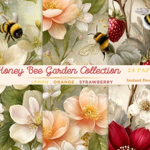 Peut inclure: Ensemble de papiers numériques avec des illustrations à l'aquarelle d'abeilles, de fleurs et de fruits. Le texte indique "Honey Bee Garden Collection" avec les mots "Lemon, Orange, Strawberry" et "24 Papers". Le fond est vert clair.
