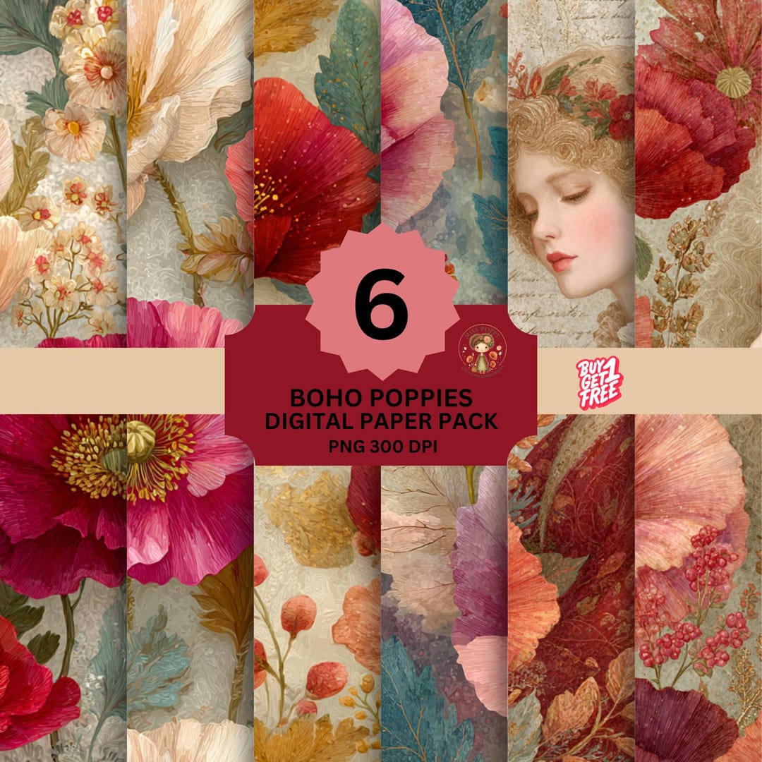 Boho Poppies – Seamless Floral Digital Paper Pack, Warm Bohemian ...