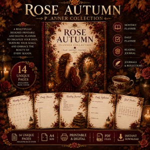 Peut inclure: La collection Rose Autumn Planner présente un livre central avec une femme en robe rouge, entourée de feuillage d'automne. Elle comprend 14 pages imprimables uniques, comme un planificateur mensuel, quotidien, un journal de lecture et un suivi.