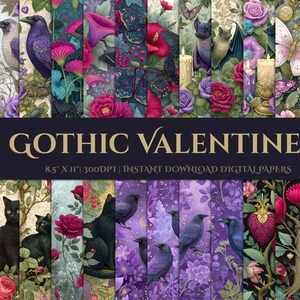 Gothic Valentine Digital Paper Pack with Ravens Roses Bats Butterflies Hearts and Black Cats for Dark Romantic Crafts