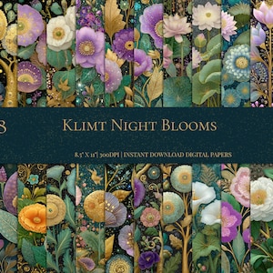 Peut inclure: Ensemble de papiers numériques "Klimt Night Blooms" avec 28 motifs floraux. Les motifs présentent des fleurs jaunes, violettes, blanches et turquoise, avec des accents dorés sur fond sombre. Le format du papier est de 21,59 cm x 27,94 cm.
