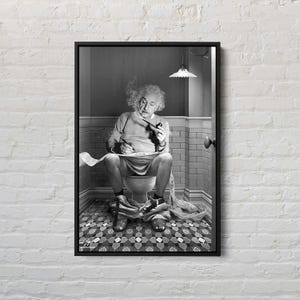 Albert Einstein Bathroom Canvas – Funny Black & White Poster, Quirky Toilet Humor, Framed Wall Art for Bathroom, Bar - Man Cave Decor