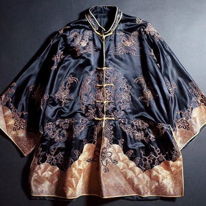 1920~30s Chinese embroidery silk jacket / Black × Bronze gold metal embroidered / beautiful condition