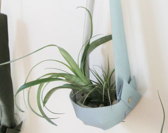 Salvaged Leather Hanging Planter for Air Plants | Air plant display | Leather planter | Hanging Planter in Light Blue