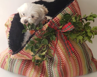 Cuddle cave | cuddle sack | dog bed | snuggle cave | travel bed | anti-anxiety dog bed | anxiety relief | nest bed | striped upholstery