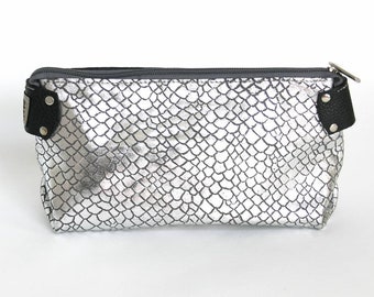 Upcycled Leather Makeup Bag / Repurposed Leather Cosmetics Bag /Salvaged Leather Toiletry Bag in Metallic Silver