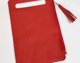 Salvaged Leather Minimalist & Modern Side Zip Clutch | Leather Tablet Sleeve | Fire Engine Red