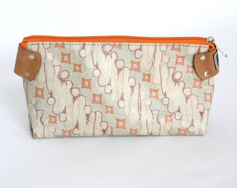 Upcycled Leather Makeup Bag / Repurposed Leather Cosmetics Bag /Salvaged Leather Toiletry Bag in Retro Orange Print