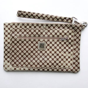 Salvaged Leather Wristlet clutch / Zip Top Pouch / Leather Phone Wallet / Wristlet Purse in Brown Checks