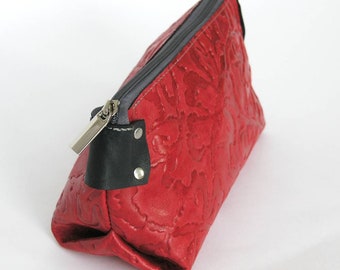 Upcycled Leather Makeup Bag / Repurposed Leather Cosmetics Bag /Salvaged Leather Toiletry Bag in Red Floral