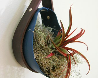 Salvaged Leather Hanging Planter | Airplant vase | Hanging plants | Hanging Planter in Navy Blue