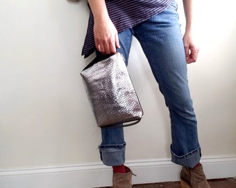 Salvaged Leather Voyager Toiletry Bag / Travel Bag /Upcycled Leather Dopp Kit Bag in Metallic Silver