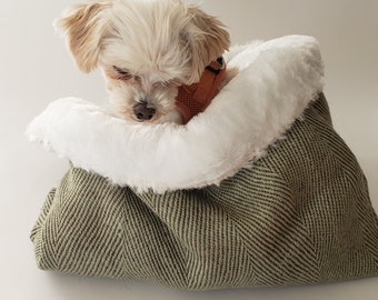 Cuddle cave | cuddle sack | dog bed | snuggle cave | travel bed | anti-anxiety dog bed | anxiety relief | nest bed | green upholstery