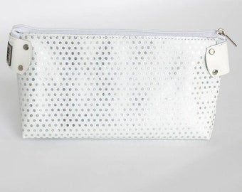 Upcycled Leather Makeup Bag / Repurposed Leather Cosmetics Bag /Salvaged Leather Toiletry Bag in White with Silver dots