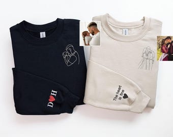 Custom Dad Photo sweatshirt, Outline Embroidered Sketch from Picture Sweater, Family Portrait Shirt, Matching Family Gift, Fathers Day Gift