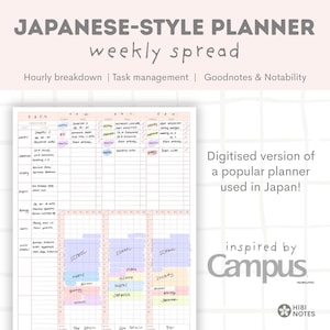 Puede incluir: Un planificador semanal digital de estilo japonés con desgloses por hora y funciones de gestión de tareas. El planificador incluye un diseño de cuadrícula con secciones para asignaturas y horarios.