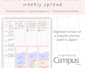 Planner settimanale digitale Kokuyo Campus Style / Programma di studio/lavoro giapponese in PDF / Download immediato