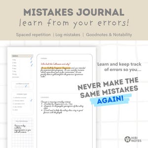 Op de afbeelding: Een digitale journaalpagina met de titel "MISTAKES JOURNAL learn from your errors!". De pagina bevat secties voor het loggen van fouten, gespreide herhaling en het volgen van het vertrouwen. De tekst "NEVER MAKE THE SAME MISTAKES AGAIN!" is ook zichtbaar.