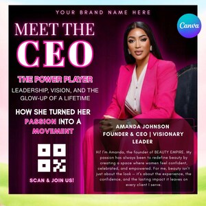 Puede incluir: Gráfico promocional con una mujer en traje rosa. El texto principal es "MEET THE CEO". El texto también incluye "THE POWER PLAYER" y "HOW SHE TURNED HER PASSION INTO A MOVEMENT". Hay un código QR.