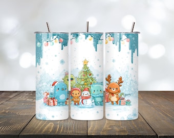 20oz Snow Day, Winter Season Tumbler Wrap – Cute Cartoon Puppy & Friends | Cute Green Guy Christmas Tumbler Wrap PNG
