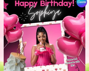 Pink Birthday Invitation Template: Editable Canva Birthday Flyer, Photo Party Invite Template