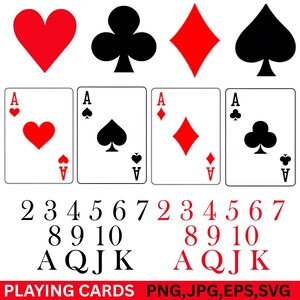 Könnte beinhalten: Eine Illustration von Spielkartenfarben und einzelnen Karten. Das Bild zeigt rote Herzen und Rauten sowie schwarze Kreuz und Pik. Die Karten enthalten das Ass und nummerierte Karten von 2 bis 10 sowie die Bildkarten Bube, Dame und König.
