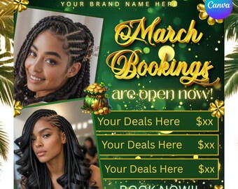 March Hair Booking Flyer Canva Editable Template: Green Gold St Pattys Day Beauty Salon Flyer