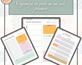 Könnte beinhalten: Digitaler Planer mit floralem Hintergrund. Der Planer enthält Abschnitte für tägliche, wöchentliche und Gewohnheitsverfolgung. Der Text auf dem Planer lautet "Organisiere dein Leben in einem einzigen Planer" und "Tagesplaner", "Wochenplaner" und "Meine Gewohnheiten".