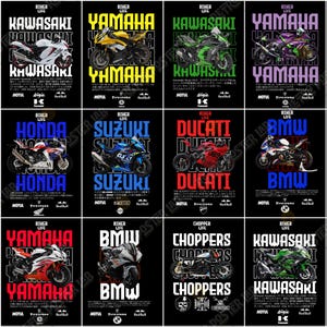 Pode incluir: Uma cole&ccedil;&atilde;o de cartazes de motocicletas com v&aacute;rias marcas como Kawasaki, Yamaha, Honda, Suzuki, Ducati e BMW. Cada cartaz tem o nome da marca em destaque com uma imagem de motocicleta, texto e logotipos.