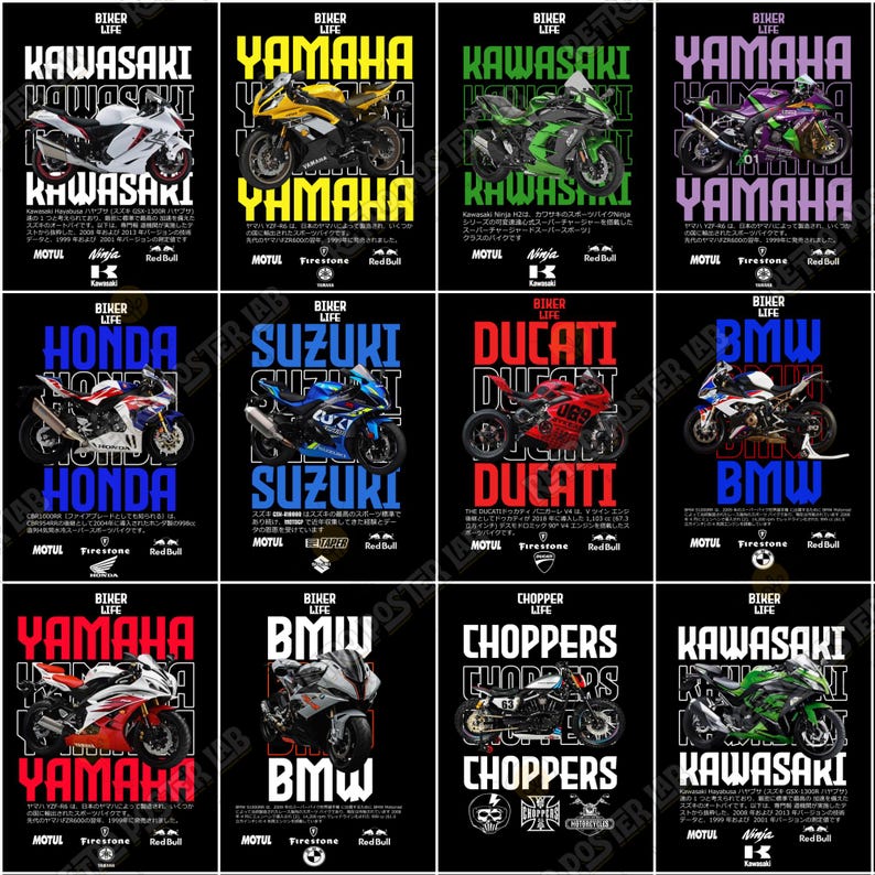 Pode incluir: Uma cole&ccedil;&atilde;o de cartazes de motocicletas com v&aacute;rias marcas como Kawasaki, Yamaha, Honda, Suzuki, Ducati e BMW. Cada cartaz tem o nome da marca em destaque com uma imagem de motocicleta, texto e logotipos.