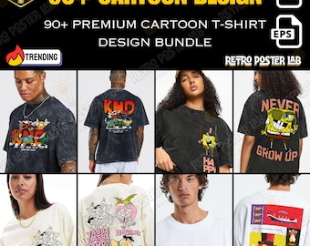 90+ Cartoon T-Shirt Designs | Retro Pop Kultur PNG Bündel | Digitaler Download für POD Verkäufer
