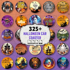 Puede incluir: Una colección de diseños circulares de posavasos para coche con temática de Halloween que incluyen varias ilustraciones como fantasmas, calabazas, casas encantadas, calaveras y murciélagos, con una etiqueta central 325+ HALLOWEEN CAR COASTER SVG EPS PNG AI.