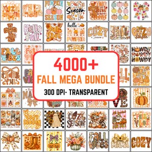 Op de afbeelding: Een digitale collectie van meer dan 4000 herfst-thema grafische ontwerpen met pompoenen, bladeren, strikken en seizoensgebonden tekst. De centrale tekst luidt 4000+ FALL MEGA BUNDLE 300 DPI- TRANSPARENT. Elk vierkant bevat unieke illustraties.